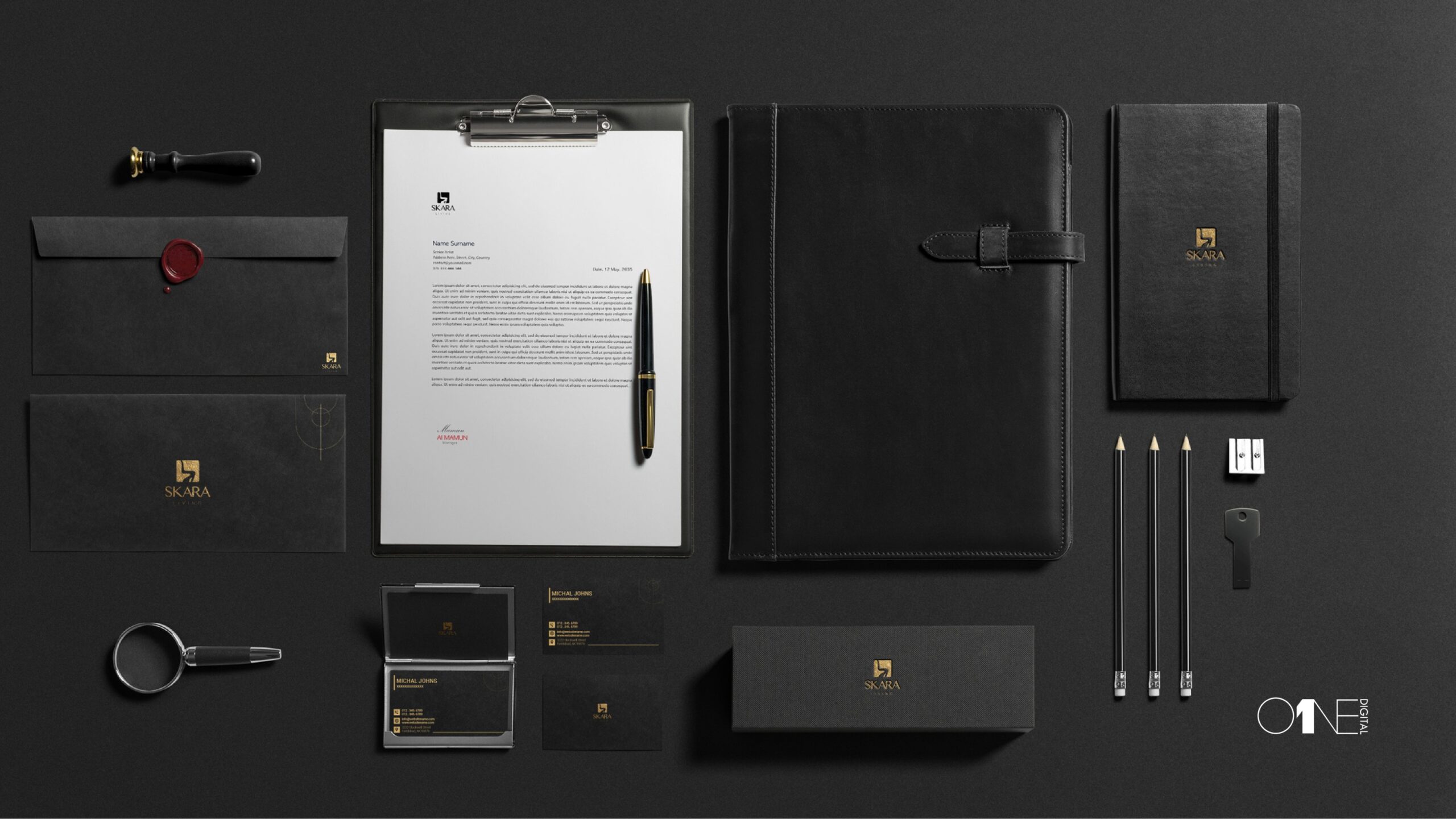 Skara Living brand stationery flat lay