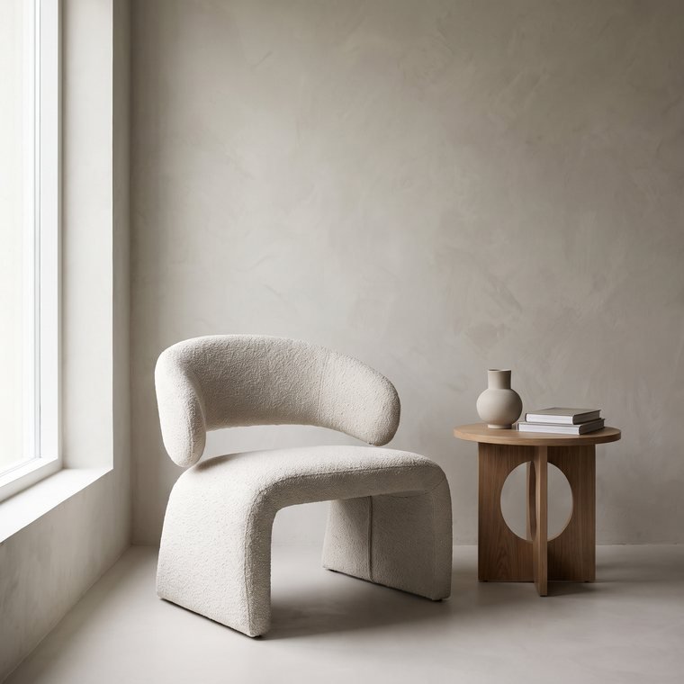 A boucle armchair and round side table in a plastered room