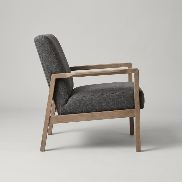 A charcoal armchair with a pale wooden frame