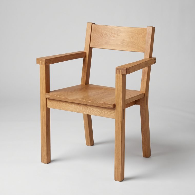 A solid oak armchair with a slatted seat