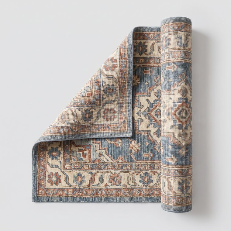 A patterned wool rug, partly rolled