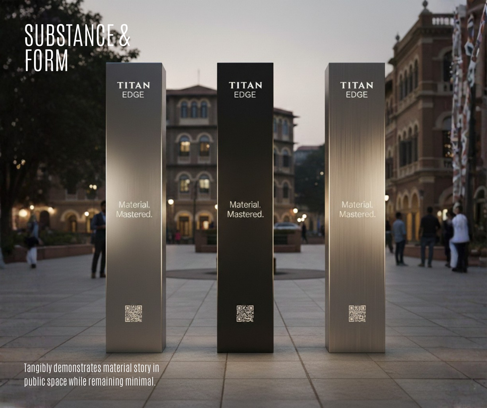 Titan Edge outdoor concept: material monoliths in a public square