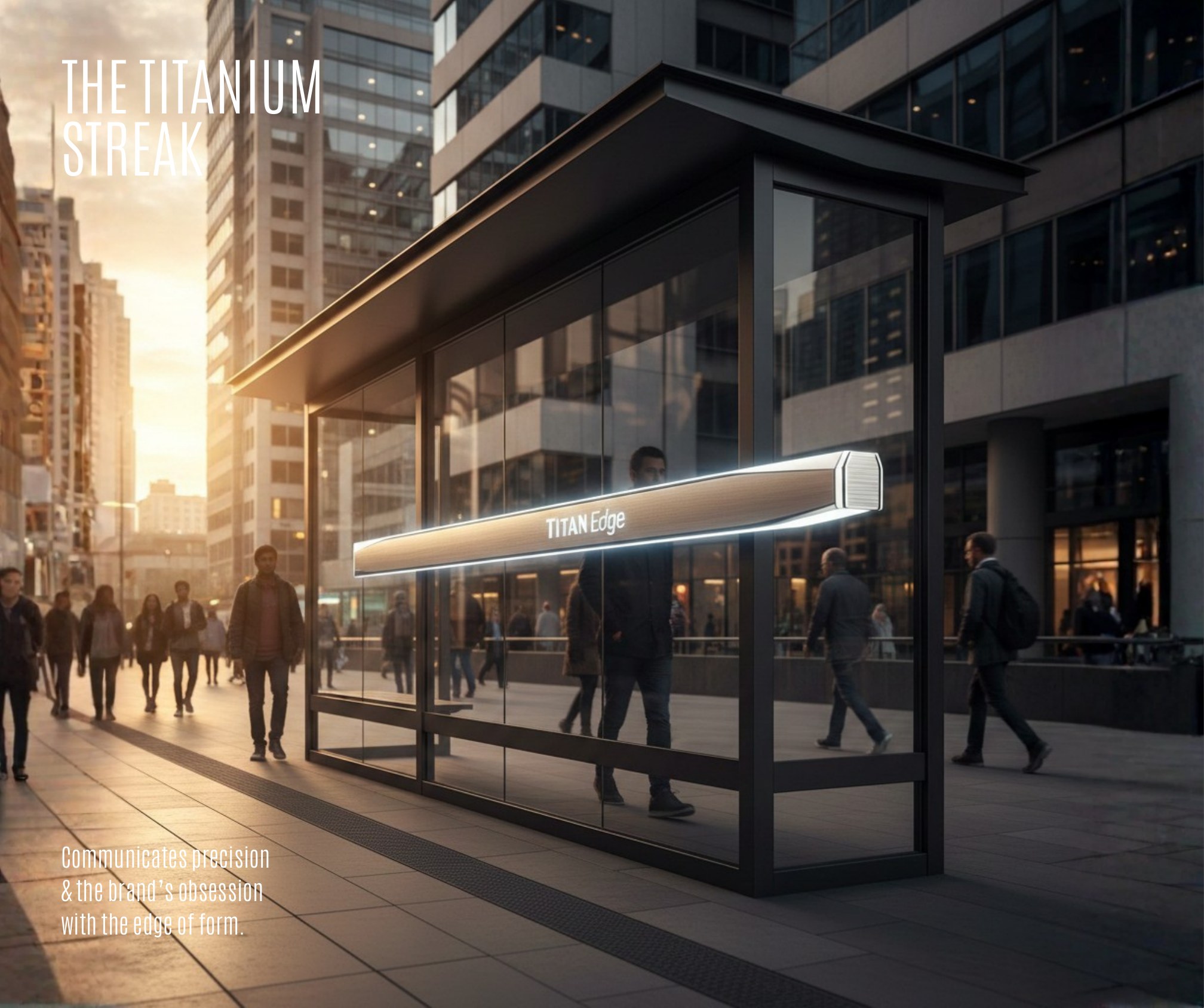 Titan Edge outdoor concept: illuminated titanium streak on a bus shelter