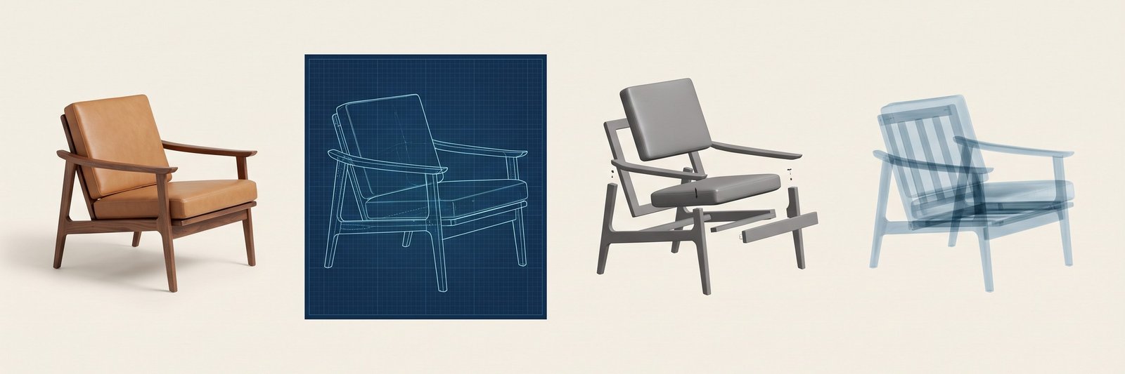 One lounge chair rendered four ways: studio photograph, blueprint, exploded view and x-ray