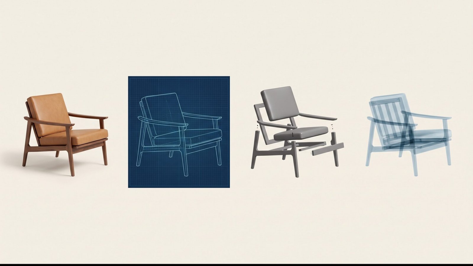 One mid-century lounge chair shown four ways: studio photograph, blueprint, exploded view and x-ray