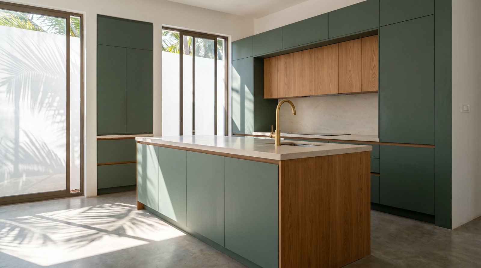Modern modular kitchen in a coastal Goan home with sage green cabinetry, oak units and a stone island