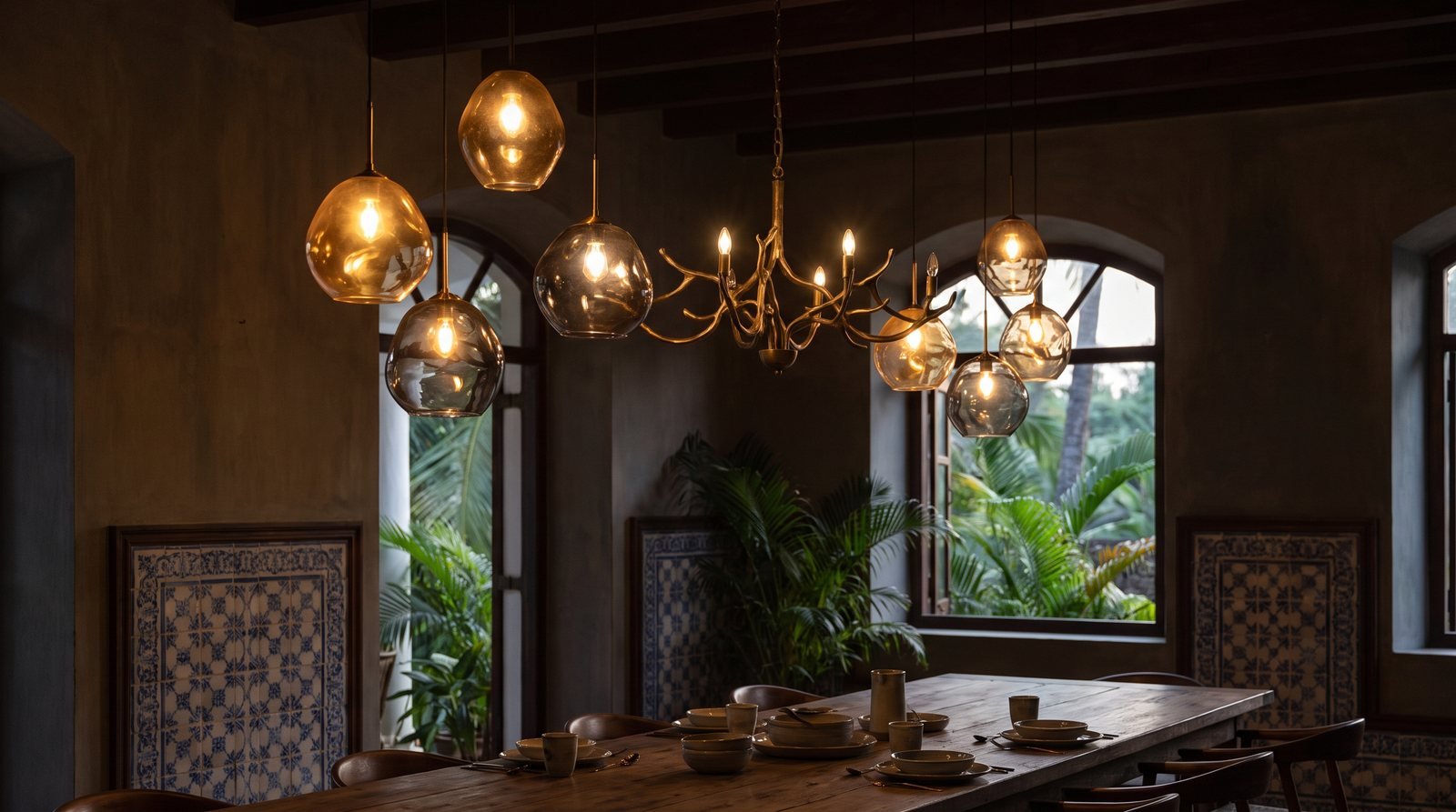 Glass pendant lights and a brass chandelier glowing above a dining table in a Goan villa with azulejo tiles