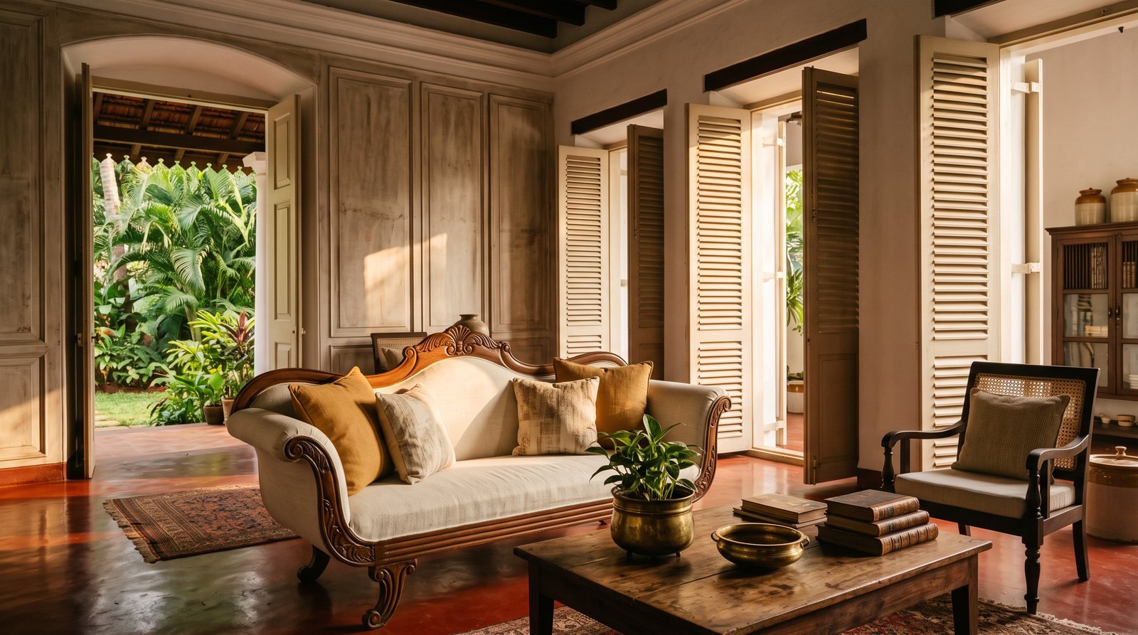 Sunlit Indo-Portuguese Goan villa living room with a carved teak sofa, rosewood table and louvered shutters