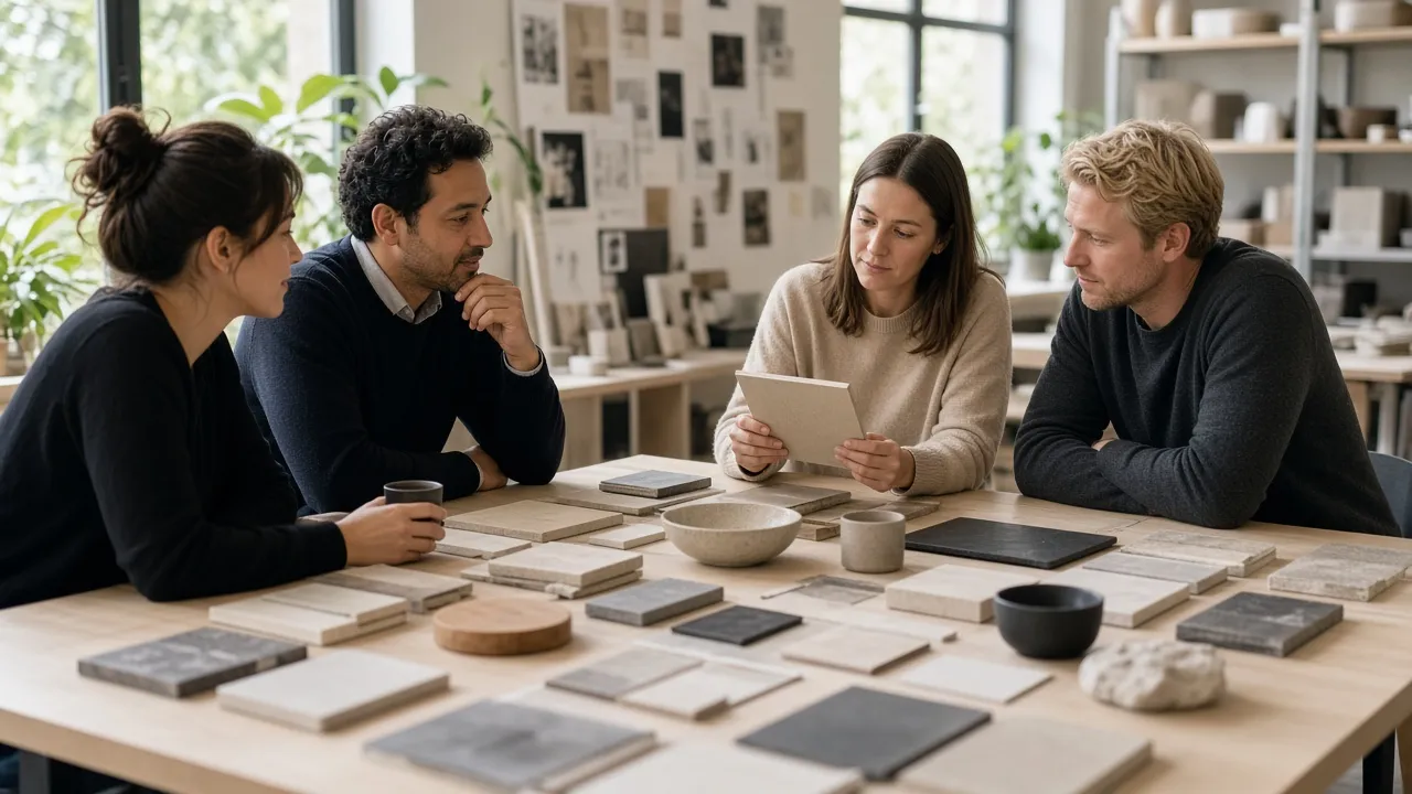 Creative team meeting in a bright design brand office with product samples on the table