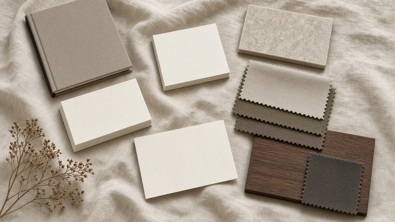 Brand identity materials for a luxury furniture brand laid out on a linen-covered table