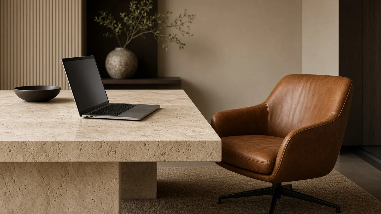 Premium furniture brand studio with a laptop on a travertine desk beside a lounge chair