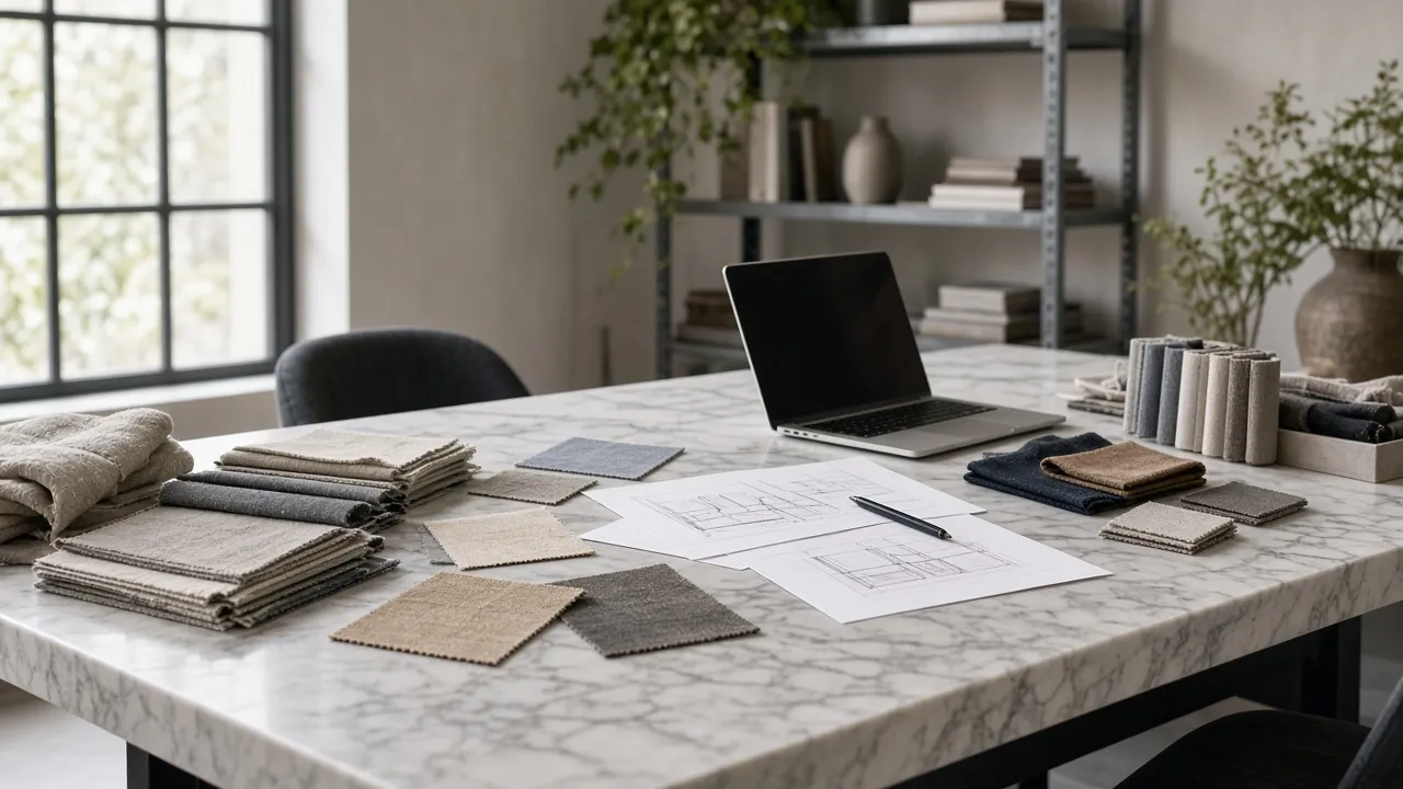 Interior design studio with fabric swatches, sketches and a laptop on a large marble worktable