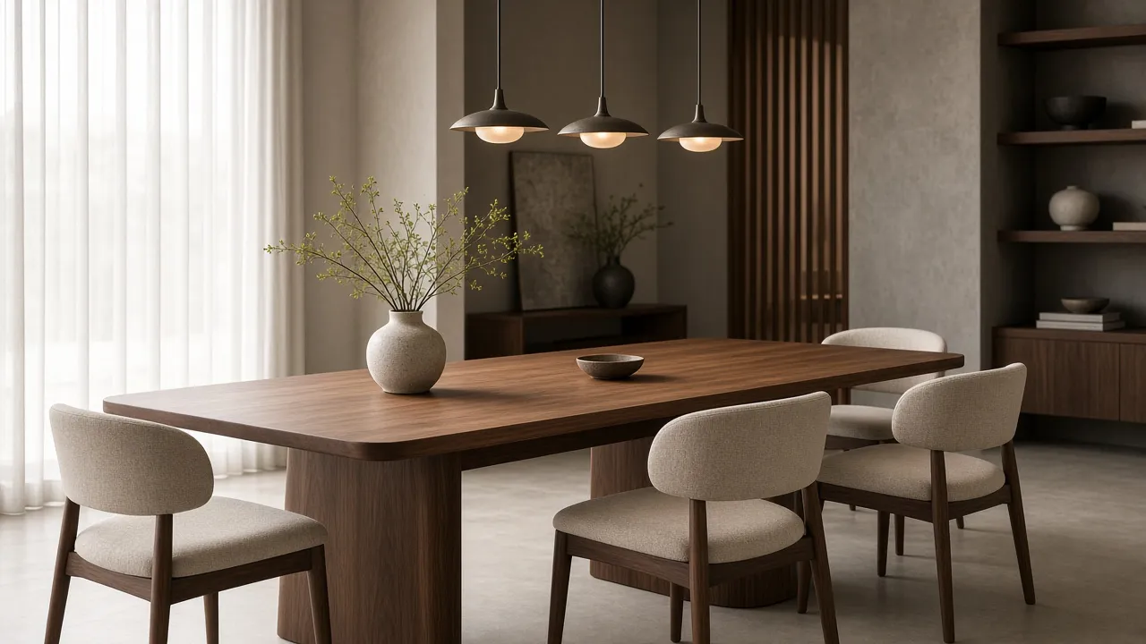 Minimal furniture showroom with walnut dining table, upholstered chairs and pendant lights