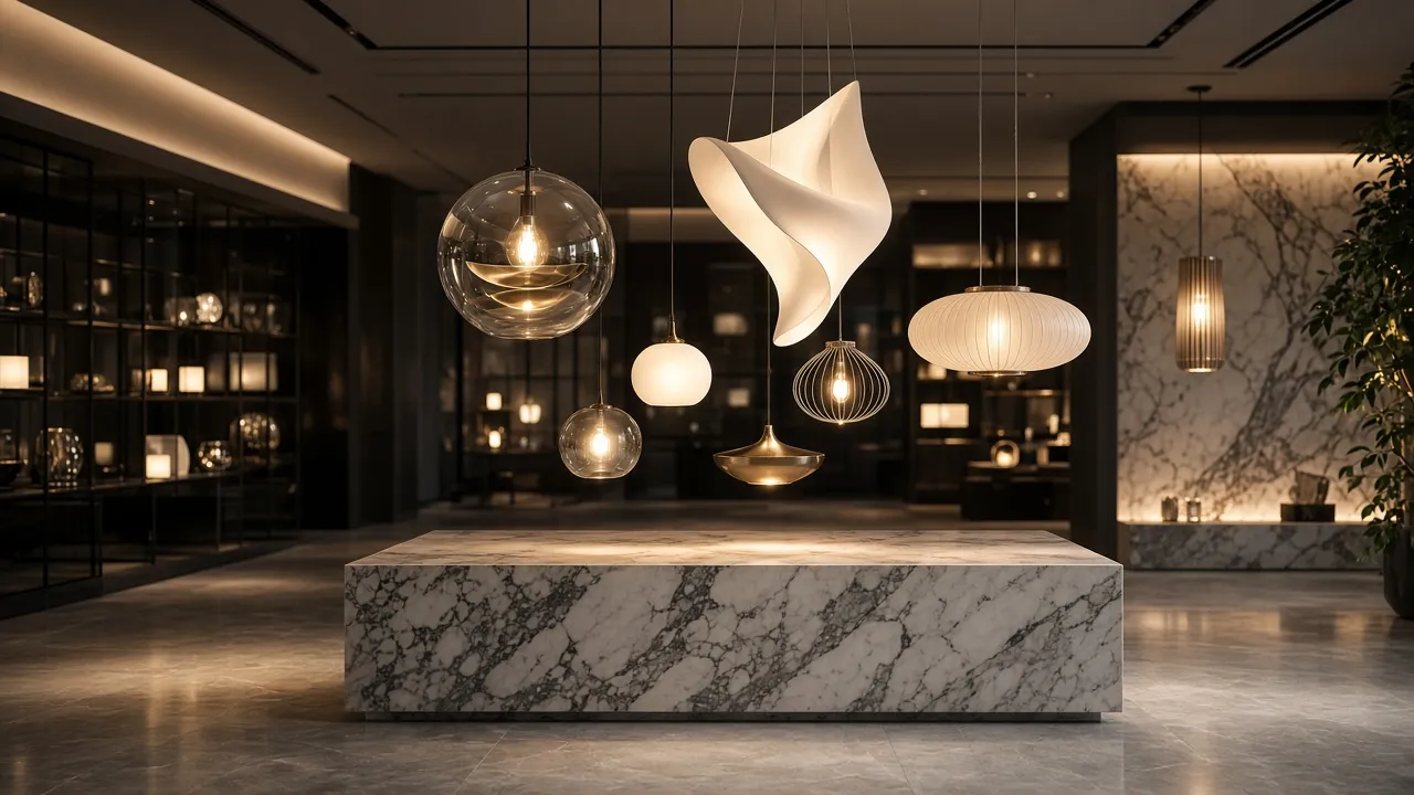 Luxury lighting showroom with sculptural pendants glowing above a marble display plinth