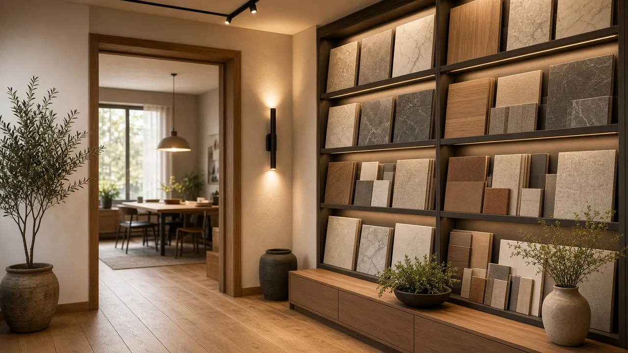 Welcoming interior design studio entrance with warm lighting and a curated material wall