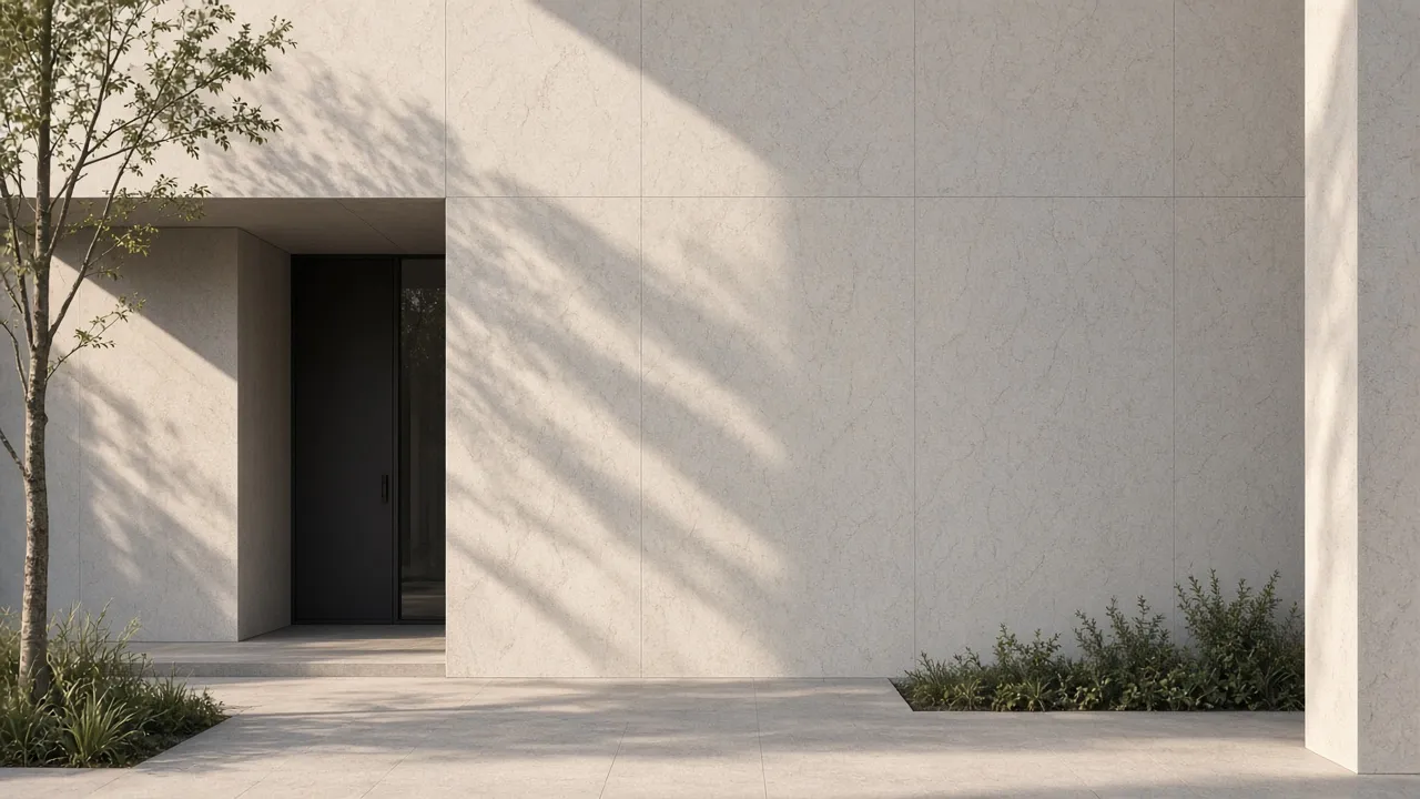 Minimal architecture studio entrance with a blank stone wall and soft morning light