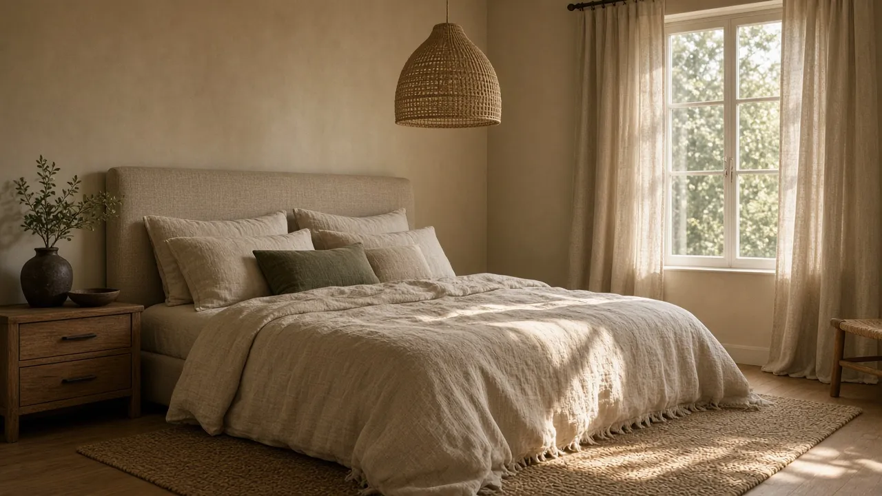 Warm, layered bedroom interior with linen bedding, rattan pendant and soft afternoon light