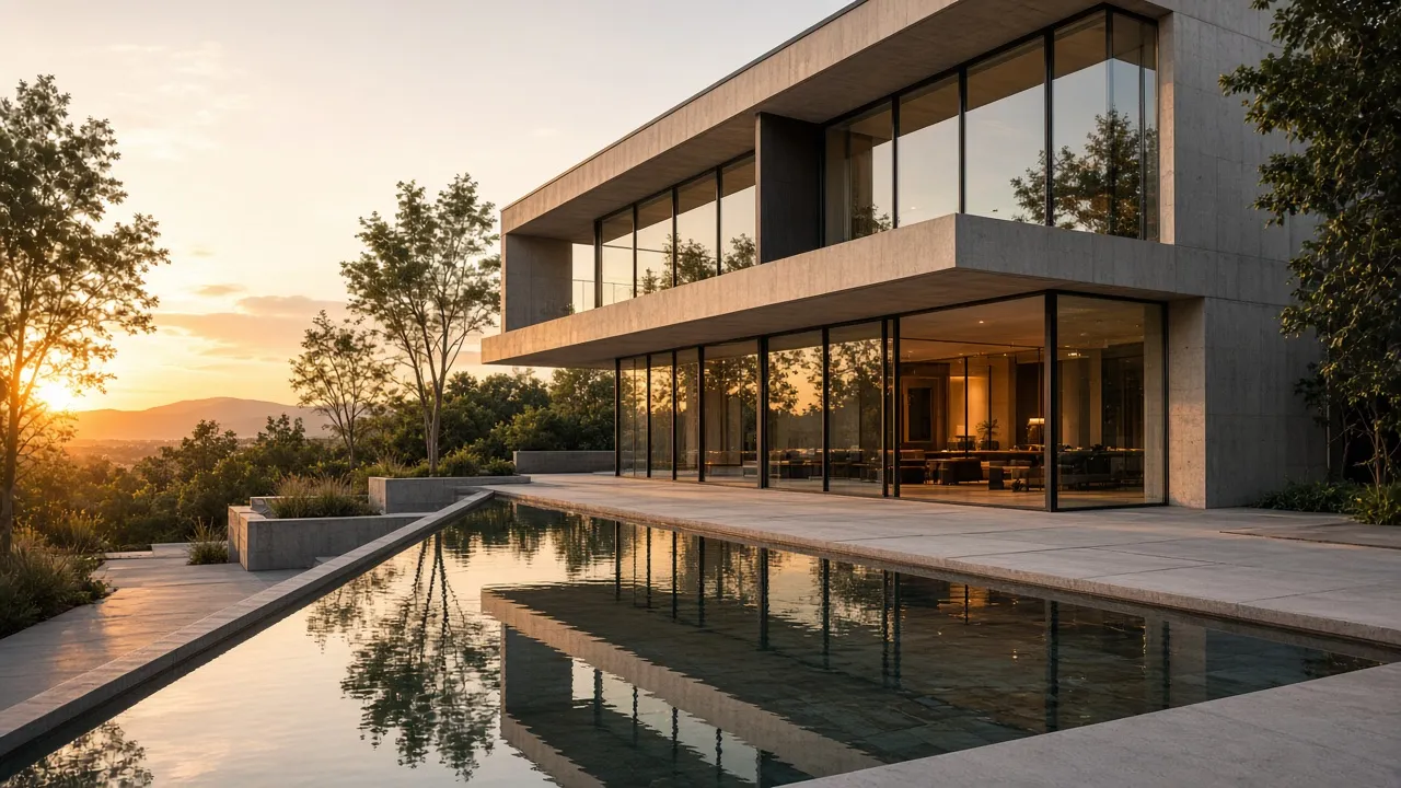 Contemporary concrete and glass residence photographed at golden hour with a reflecting pool