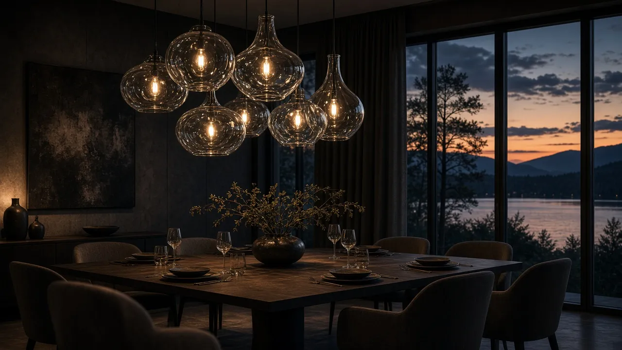 Dramatic dining room lit by a cluster of handblown glass pendant lights at dusk