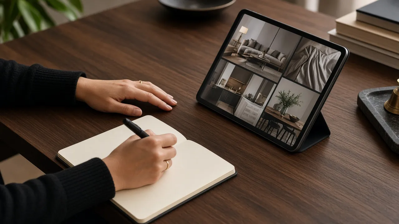 Interior designer writing at a walnut desk with a tablet showing project photos