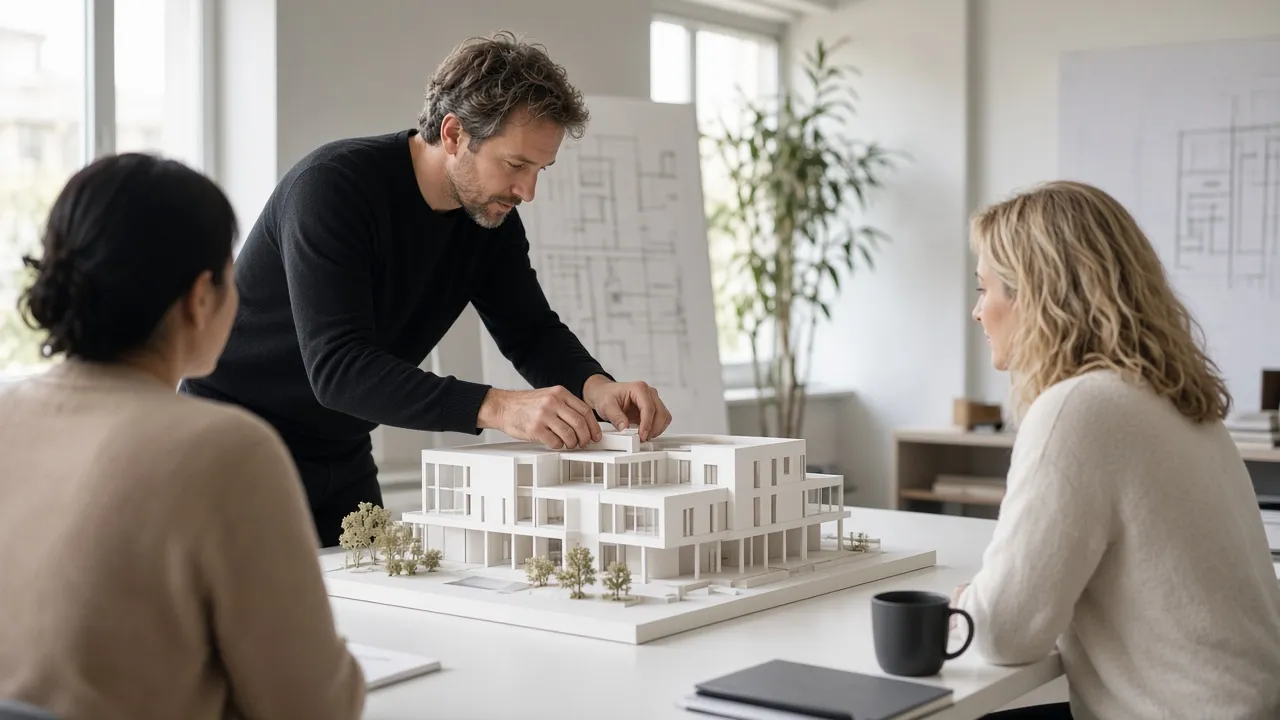 Architect founder presenting a building model to clients in a bright meeting room
