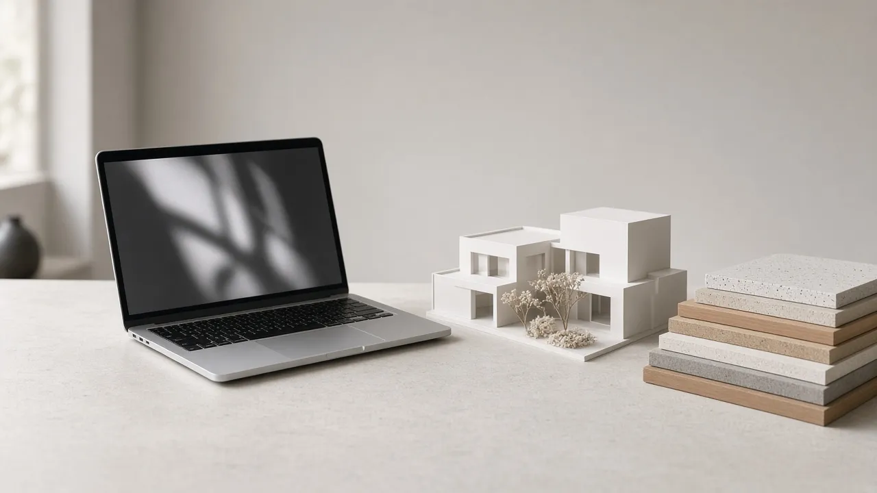 Minimal design studio desk with a laptop, architectural model and stacked material samples
