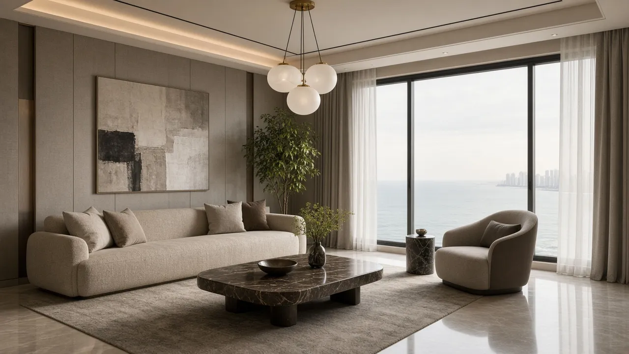 Elegant Mumbai apartment living room with sea-view windows, low sofa and sculptural lighting