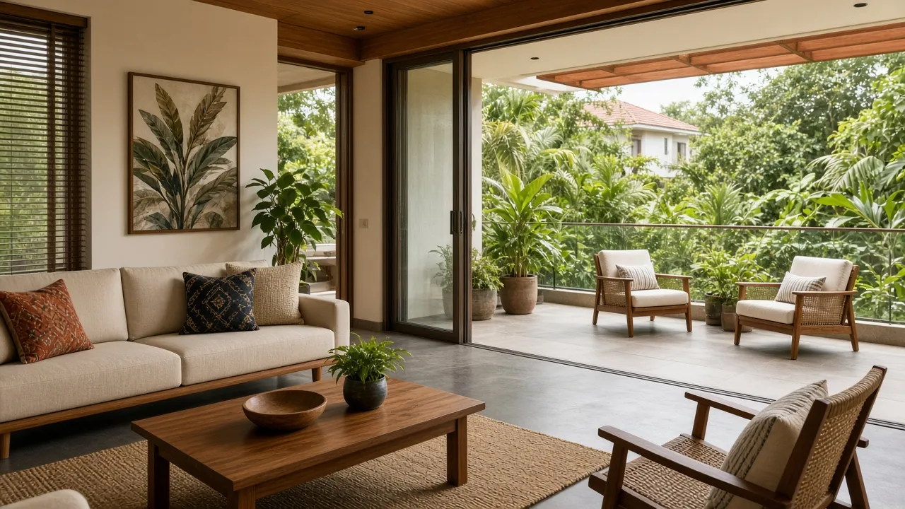 Bright Bangalore villa living space opening onto a green terrace with teak lounge chairs