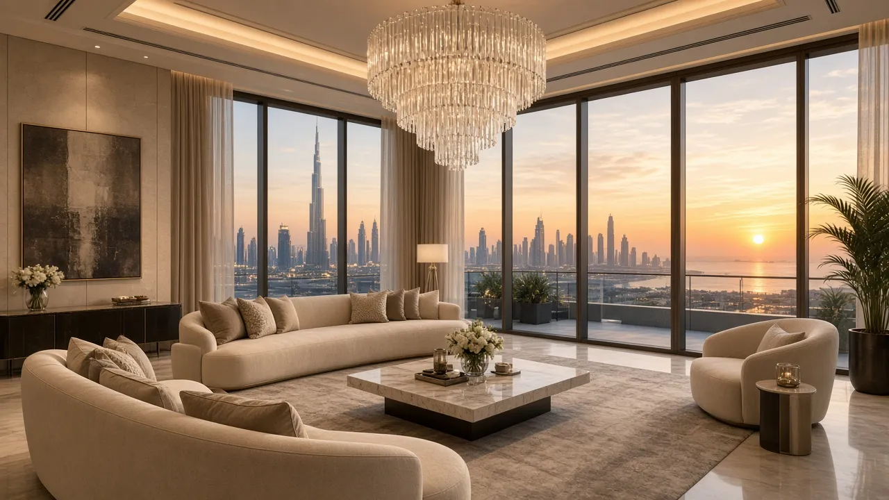 Luxurious Dubai villa lounge with tall windows, cream sofas and statement chandelier at sunset