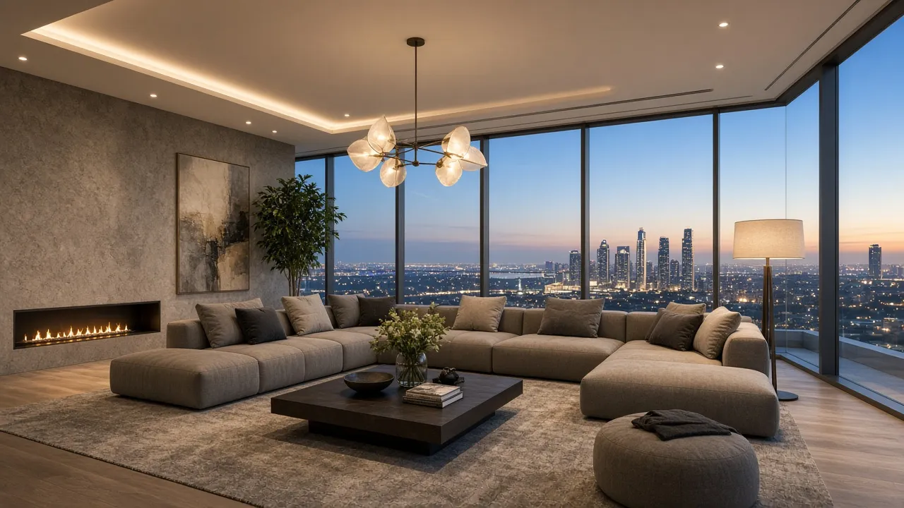 Spacious Gurugram penthouse living room with city views, modular sofa and layered lighting