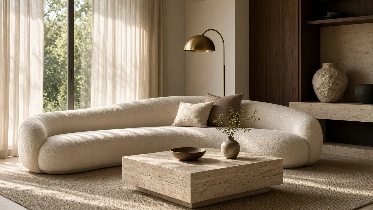 Sunlit luxury living room with a sculptural sofa, travertine coffee table and brass floor lamp