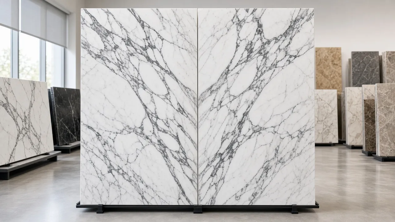 Book-matched white marble slabs with grey veining displayed in a bright stone gallery
