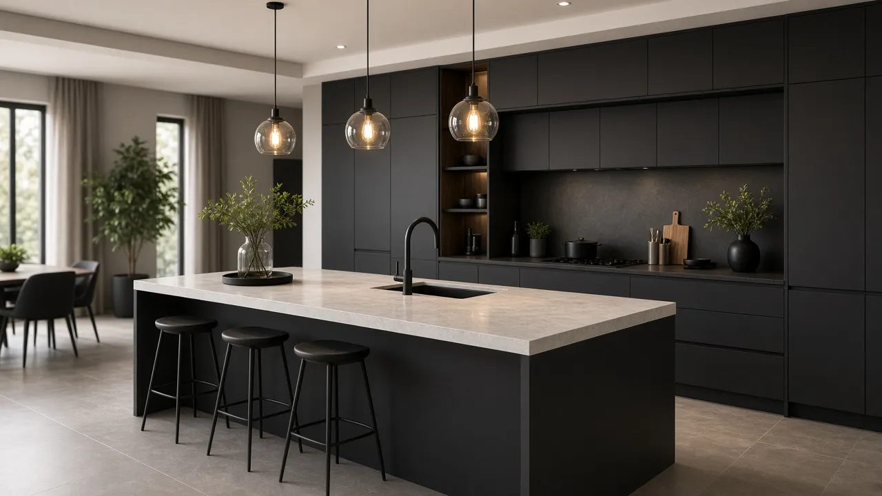 Luxury modular kitchen with matte charcoal cabinets, quartz island and warm pendant lights