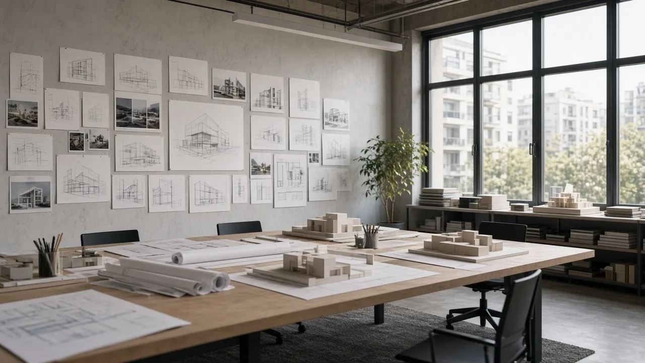 Modern architecture studio office with drawings pinned on a wall and large windows