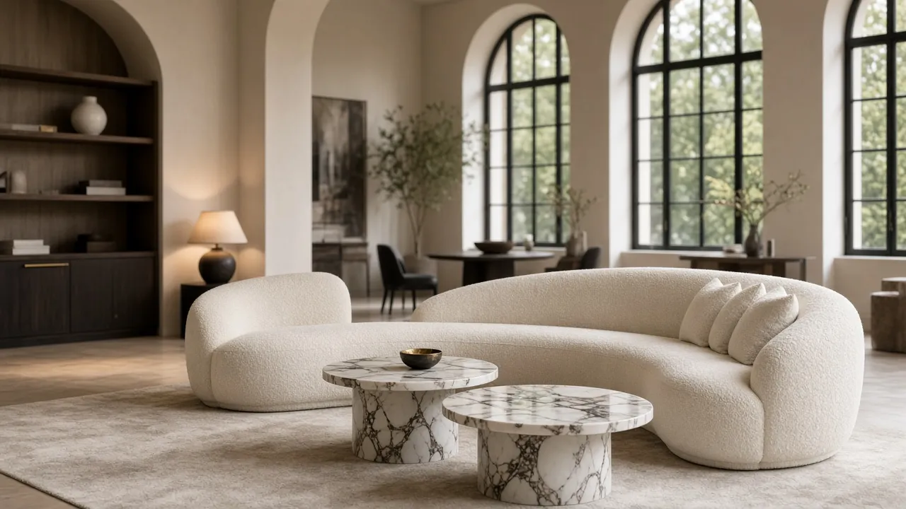 Elegant furniture showroom with a curved boucle sofa, marble side tables and arched windows