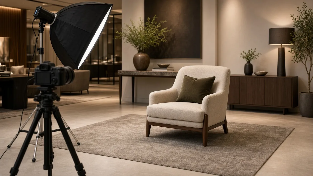 Content shoot setup in a luxury furniture showroom with a camera, softbox and styled armchair