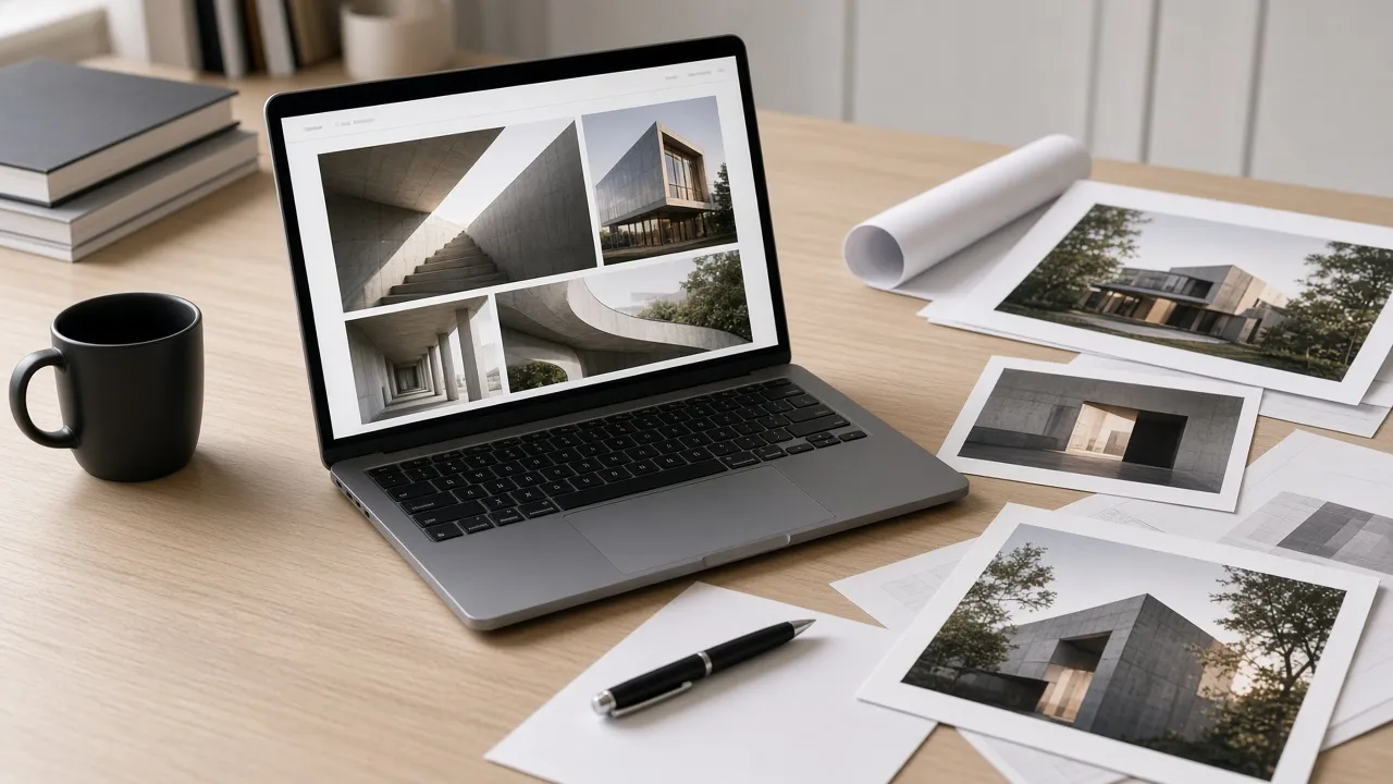 Architect's desk with a laptop showing a minimal portfolio website and printed project photos