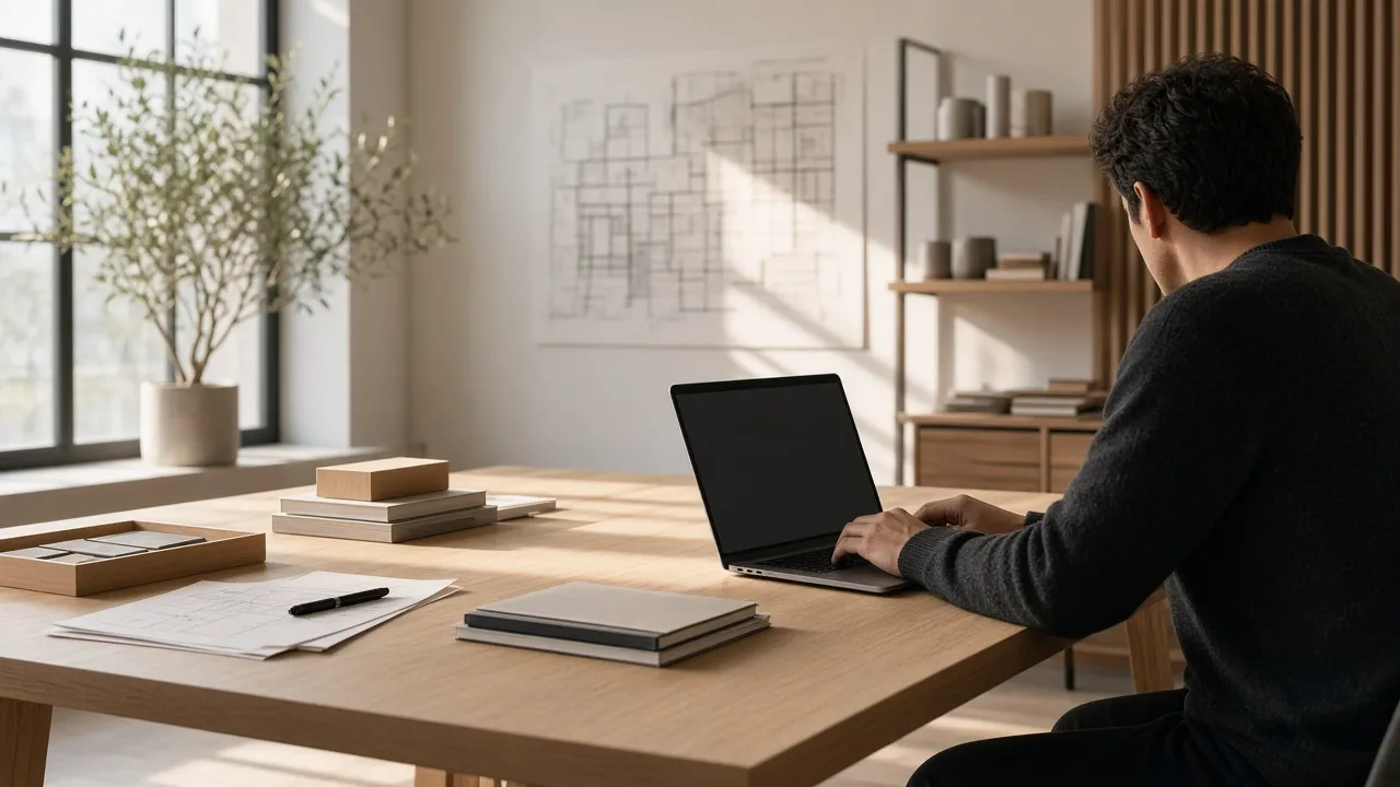 Architect at a minimal oak desk using a laptop in a calm, sunlit design studio